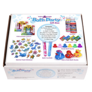 A Bath Party in a box with lots of fun and entertaining bath products to make bathing a fun party!