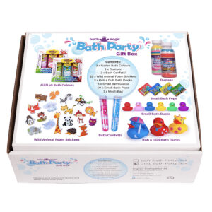 A Bath Party in a box with lots of fun and entertaining bath products to make bathing a fun party!
