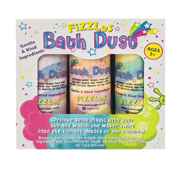 Turn bath time into a magical, swirling rainbow! This value pack includes three vibrant, sprinkle-top bottles filled with gentle, skin-loving bath dust.
